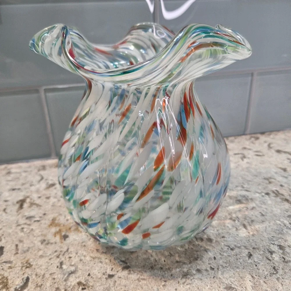 Hand Blown‎ Confetti Glass Vase Ruffled Rim Multi Color Splatter Art Glass 6.5